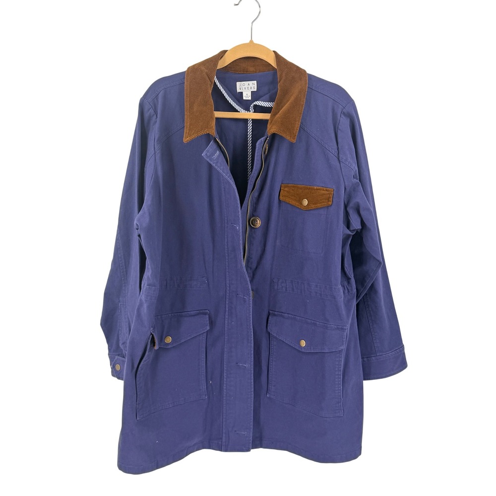 Joan Rivers Barn Jacket Blue XL Corduroy Trim Utility Chore Coat Country